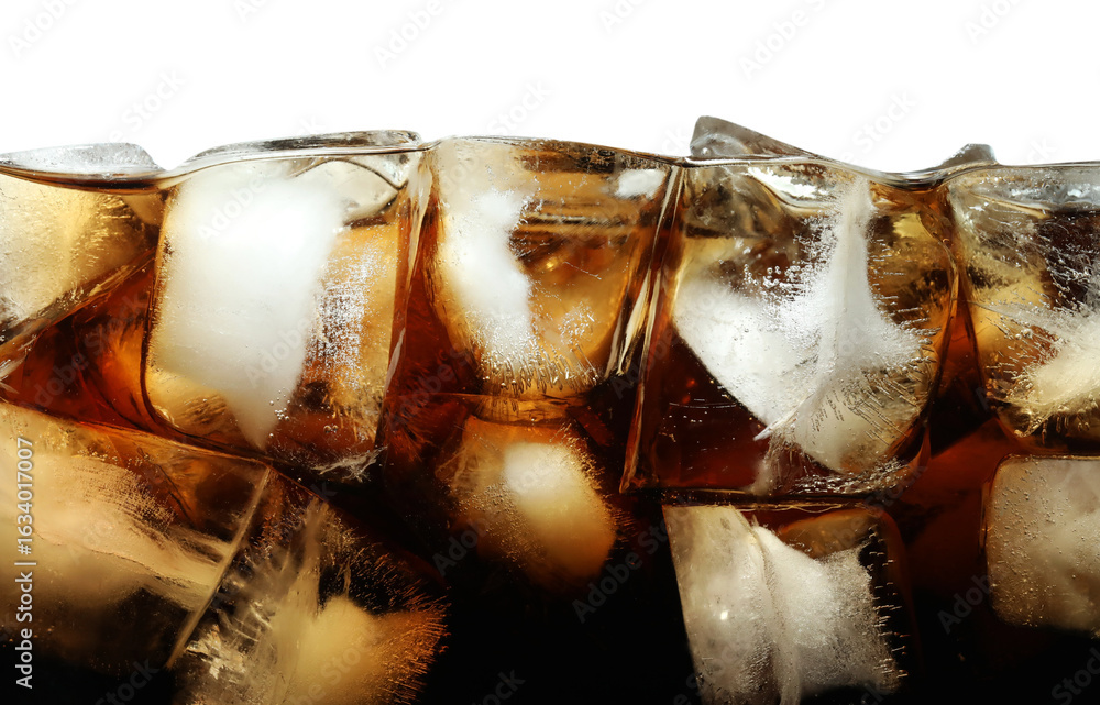 Fototapeta premium Refreshing cola with ice isolated on white, closeup