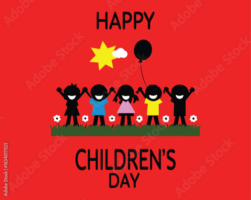 Cheerful children's day scene with children enjoying themselves amidst a backdrop of bright balloons and festive elements