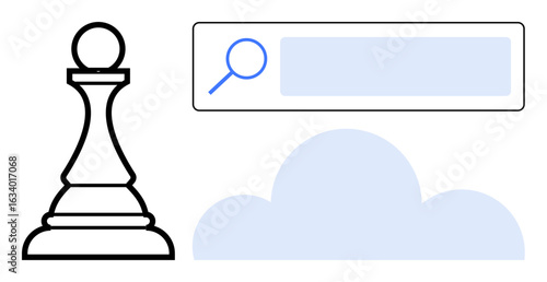 Chess piece representing strategy, search bar with magnifying glass for exploration, cloud symbolizing technology. Ideal for innovation, planning, business ideas, research, digital strategy, cloud