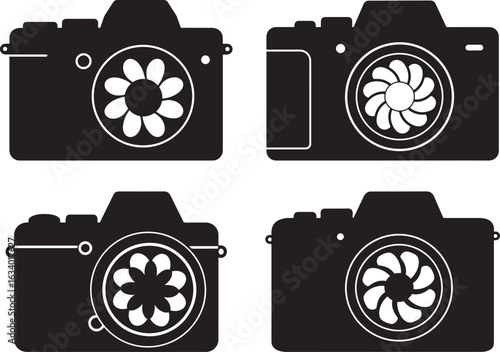Four vintage camera silhouettes with detailed apertures silhouette