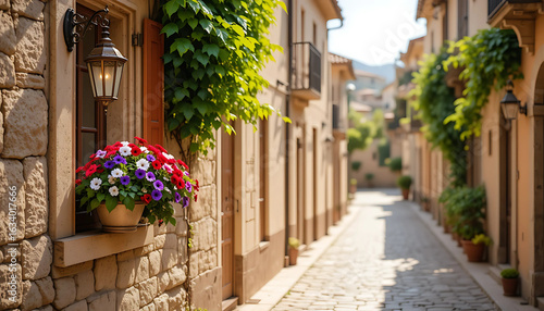 Fototapeta Naklejka Na Ścianę i Meble -  Old stone street with historic buildings and colorful flowers in a Mediterranean village town