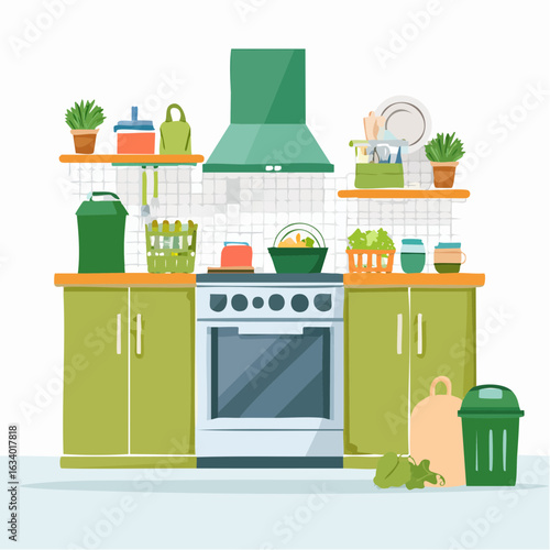 Illustration of a modern home kitchen promoting a zero-waste lifestyle, emphasizing minimalism and sustainability.