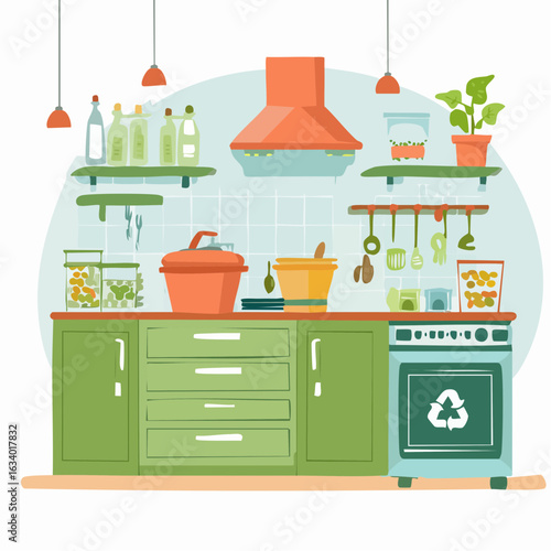 Illustration of a modern home kitchen promoting a zero-waste lifestyle, emphasizing minimalism and sustainability.