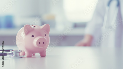 Piggy bank and stethoscope sitting on a desk in a medical office setting, representing healthcare finance and medical cost management