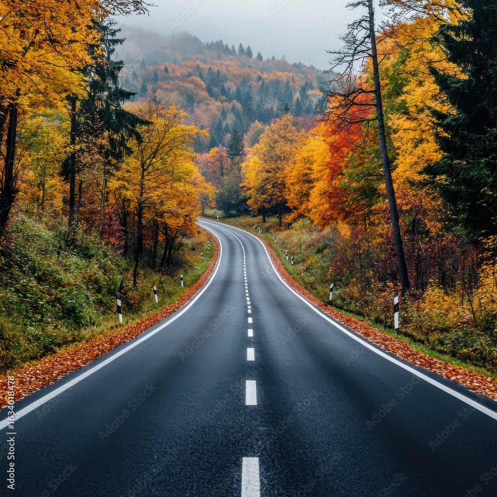 Fototapeta premium autumn road landscape in beautiful nature travel. autumn colors in mountain road scenery. autumn landscape on the highway in colorful forest. nature trip in fall. highway landscape on fall season.