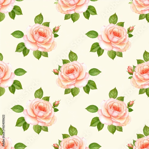 Watercolor seamless pattern of pink roses with green leaves on a cream background 1024x1024 pixels Whimsical Floral Repeat