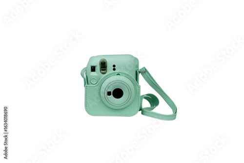 Turquoise Polaroid camera with leather case isolated on transparent background. PNG image