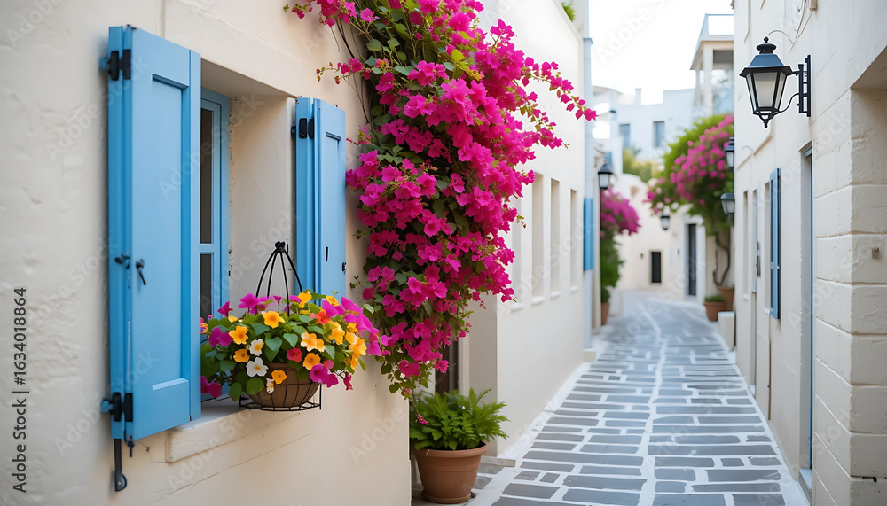 Fototapeta premium Narrow stone street in the old Mediterranean town with traditional houses and blooming flowers in Greece