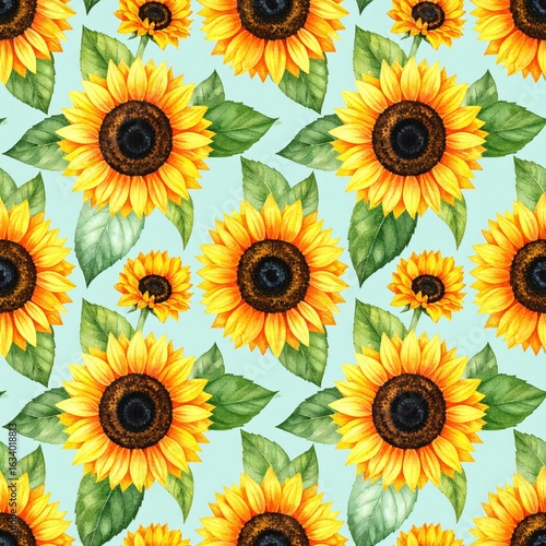 Watercolor pattern of bright yellow sunflowers with green leaves on a light blue background Whimsical Floral Repeat