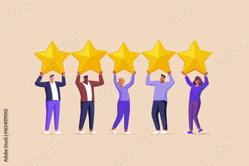 Diverse group of people holding up five golden stars
