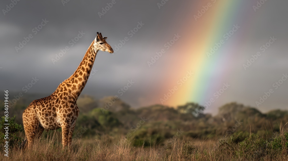 Fototapeta premium A graceful giraffe stands beneath a vivid rainbow on a lush African savannah during the rainy season, captured in soft light to inspire eco travel, nature storytelling, and wildlife awareness themes