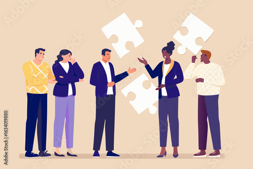 Diverse team collaborating to solve a complex problem with puzzle pieces