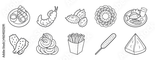 Fried Food Line Art Collection with Chicken Fries Onion Rings Corn Dog Tempura Samosa and Spring Rolls