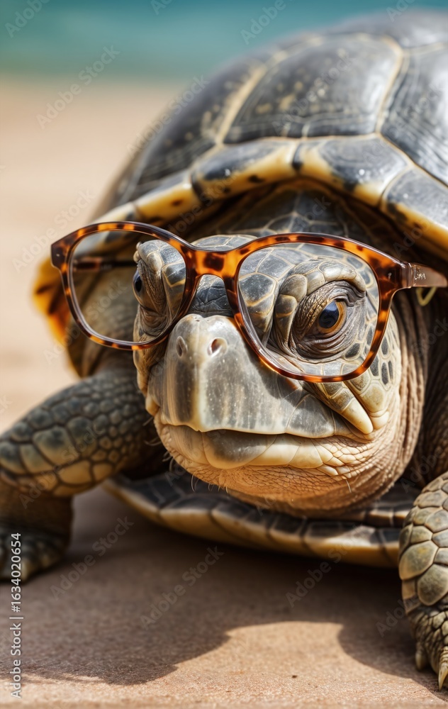Naklejka premium wise turtle wears glasses, radiating intelligence and wisdom 