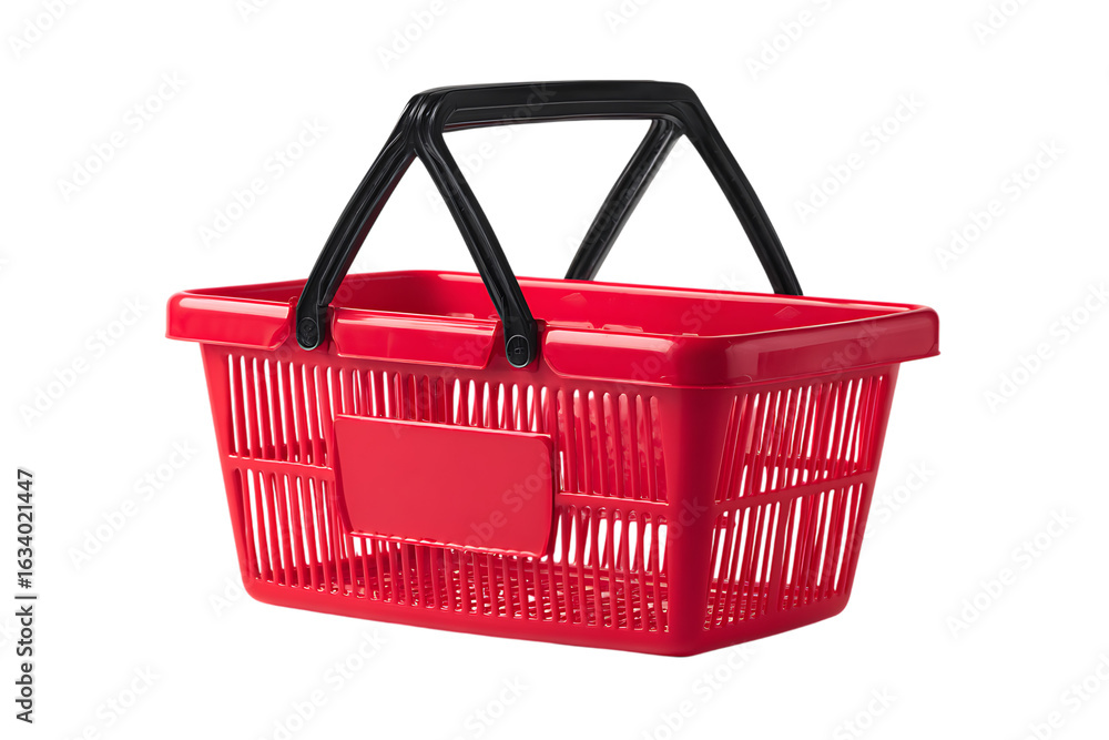 Fototapeta premium Red plastic shopping basket isolated on black background