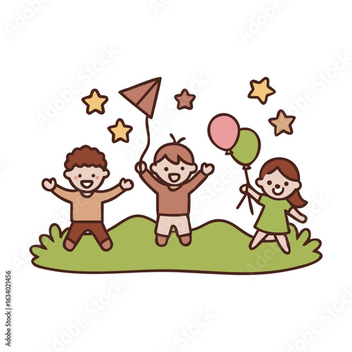 Vibrant scene of children celebrating with balloons, set against a cheerful background for Children's Day