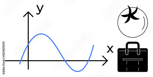 Sine wave on Cartesian graph paired with briefcase and Pisces symbol. Ideal for business, analytics, zodiac, career, trends, productivity, and astrological themes. Simple flat metaphor