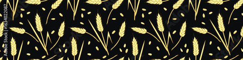 Wheat spikelets and grains, vector seamless pattern in flat style, isolated. Design of print, wrapping paper, packaging on theme of bakery products, flour, harvest, thanksgiving