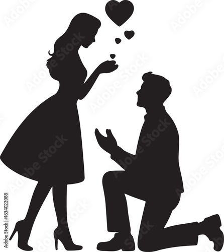 Romantic silhouette of a marriage proposal with hearts