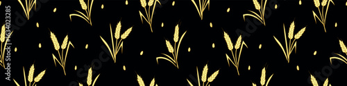Wheat golden spikelets and grains, vector seamless pattern in flat style, isolated. Design of print, wrapping paper, packaging on theme of bakery products, flour, harvest, thanksgiving