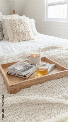 Morning Serenity: A Cozy Bedroom Scene with Warm Tea, a Lit Candle, and a Book on a Wooden Tray, Evoking Peaceful Relaxation and Comfort.