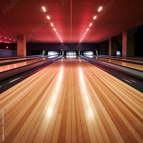 Indoor bowling alley with red lighting, polished wooden lanes, and pins at the far end