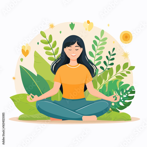 Illustration of mindfulness and inner peace through meditation, in a calm natural setting.
