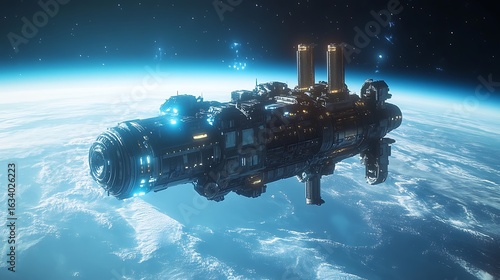 Fototapeta Naklejka Na Ścianę i Meble -  Astronaut drifting above a glowing space station illuminated by soft blue lights, aurora shimmering on Earth’s horizon below. ethereal feel, vibrant colors, subtle motion blur.