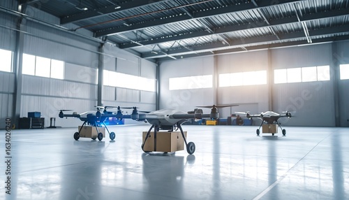 Drones Carrying Packages in Warehouse for Delivery Service