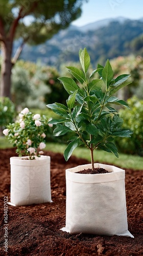 Close-up of Biodegradable Tree Watering Bags in Garden