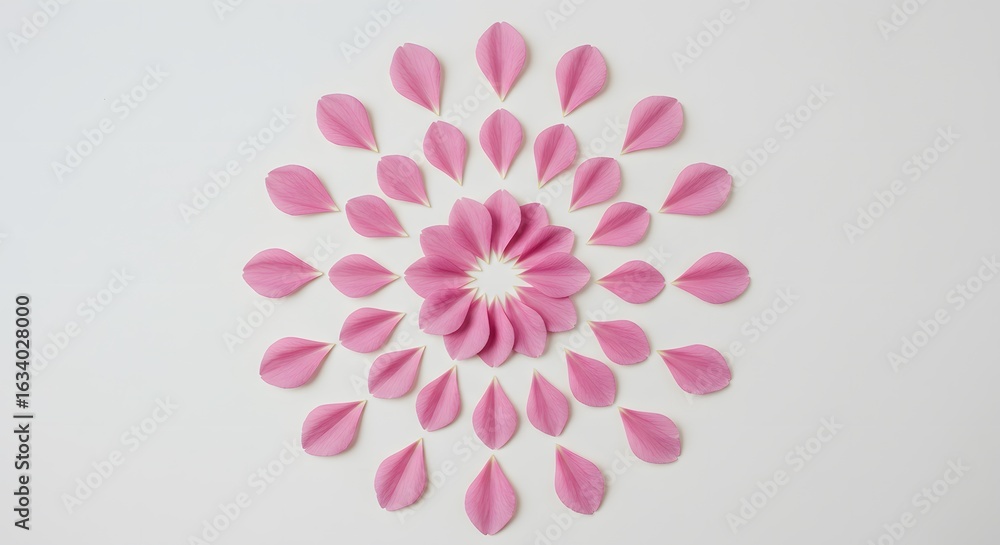 Obraz premium Pink Flower Petals Arranged in a Symmetrical Mandala Design on White Background: Minimalist Floral Art