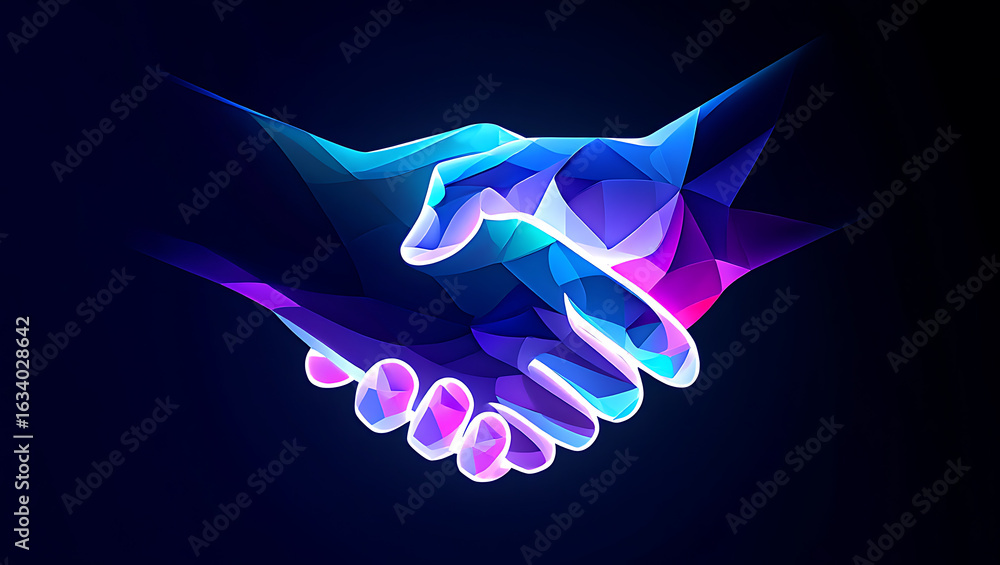 Obraz premium Stunning digital handshake graphic symbolizing partnership, collaboration, and trust in vibrant blue and purple hues for modern business themes
