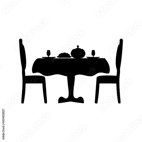 Elegant Dining Table Silhouette with Pumpkin, Wine Glasses and Chairs for Thanksgiving