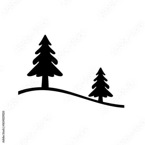 Minimalist depiction of two fir trees on a hill in black and white