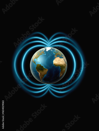 3D earth with electromagnetic field – glowing blue energy lines concept over black background