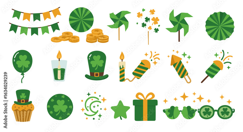 Festive decorations and party symbols flat icon set in green Festive decorations and party symbols flat icon set in green