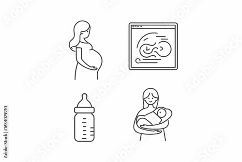 Vector illustration of a pregnant woman holding baby shoes, a cute cartoon drawing of a mother and child