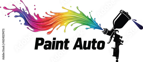 Vibrant rainbow paint splash from spray gun for auto body shop branding