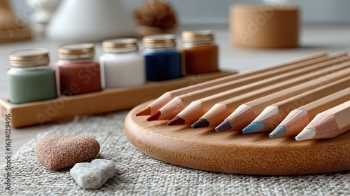 Close-up of Colored Pencils and Paints on Wooden Surface