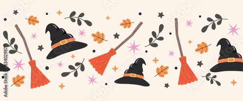Vector design Happy Halloween, Halloween festival banner. Halloween seamless pattern. 