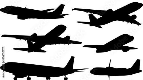 “Collection of basic black airplane shapes in silhouette, shown in various poses and views, with distinct outlines and no detail, arranged neatly across a white canvas in a methodical layout for compa