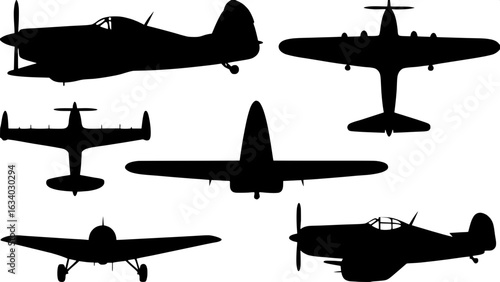 “Collection of basic black airplane shapes in silhouette, shown in various poses and views, with distinct outlines and no detail, arranged neatly across a white canvas in a methodical layout for compa