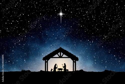 Nativity scene silhouette under bright starry night sky with glowing star above stable creating peaceful atmosphere