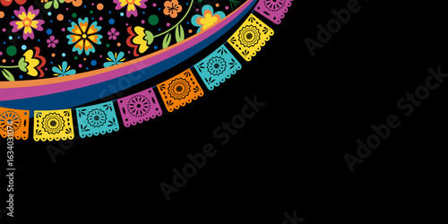 Hispanic heritage month background. Vector web banner, poster, card for social media, networks. Greeting national Hispanic heritage month, pattern and flags on black background.