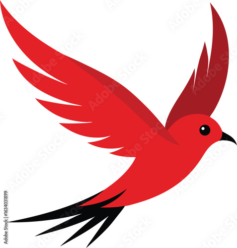A red bird soaring gracefully through the clear blue sky.