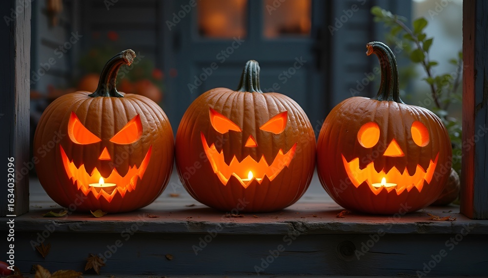 Obraz premium Three carved Halloween pumpkins glowing on porch at night 
