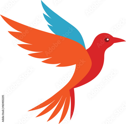  A vibrant red bird in flight against a bright sky backdrop.