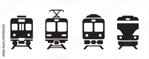 Black Train Icons Collection – Railway and Subway Transport Vector Set