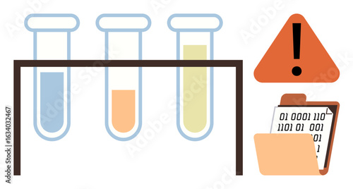 Three test tubes on a holder with chemicals, orange warning symbol, and a folder with binary data. Ideal for science, research, data security, bioinformatics, experiments risks innovation. A simple
