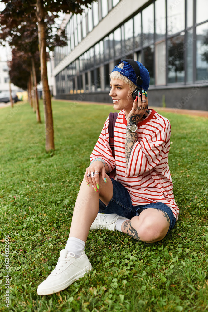 Stylish young woman enjoying a sunny day in the park while listening to music on her headphones Stylish young woman enjoying a sunny day in the park while listening to music on her headphones
